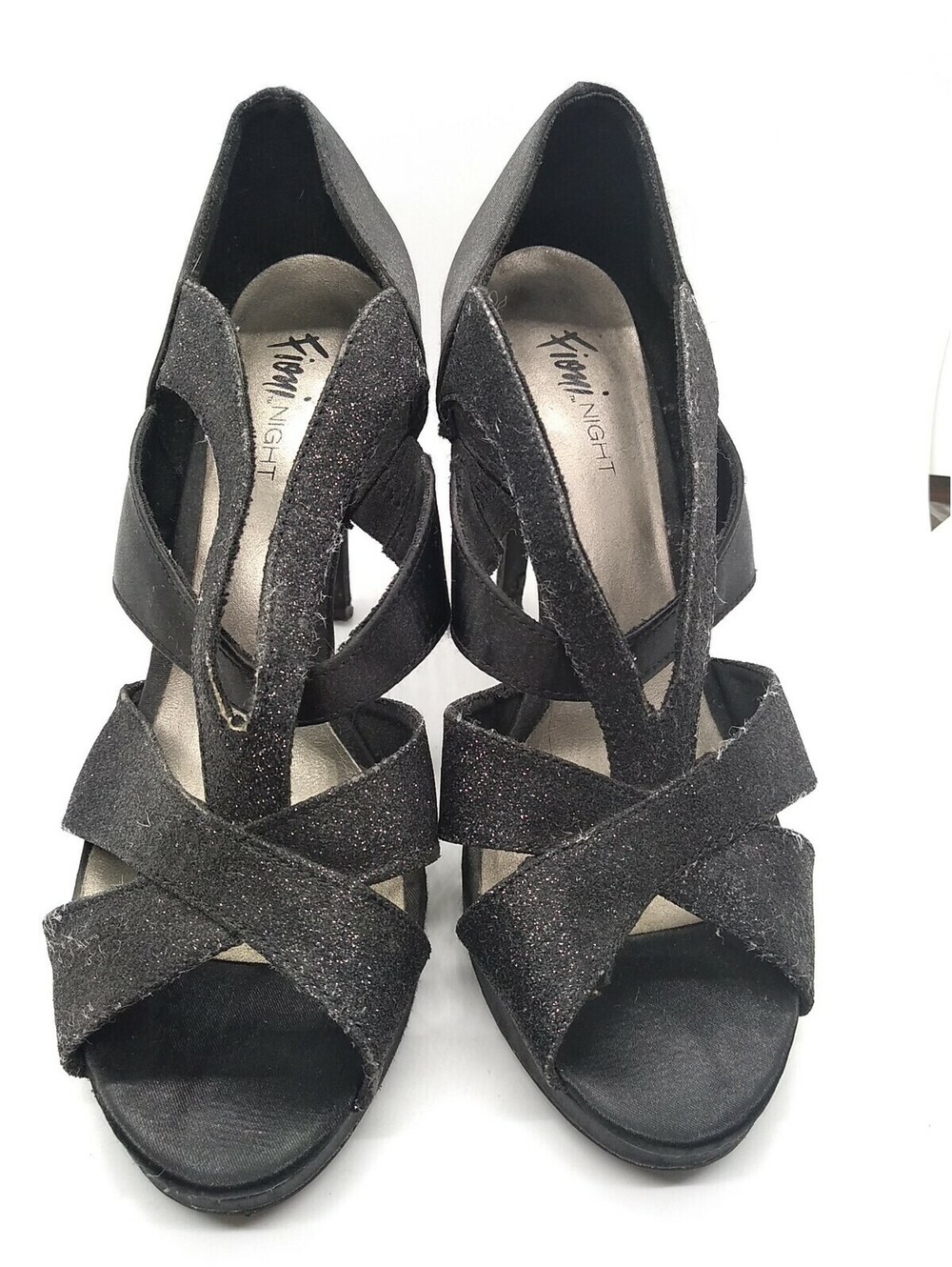 Fioni Night Black Strappy Open Toed Heels Sparkles Size 7.5 213